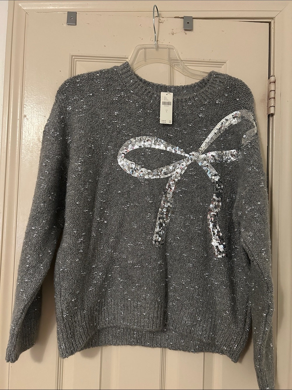 Anthropologie Gray Sequin Bow Crewneck Sweater